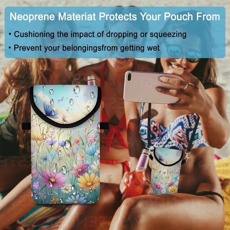 otilil Neoprene Cell Phone Sleeve Pouch Case Bag with Crossbody Strap Neck Lanyard for Women 7.5 X 4.3 in Colorful Flowers - Image 5